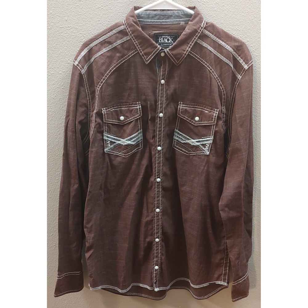 Buckle Black Shirt Men L Athletic Fit Long Sleeve Brown Button Up D3